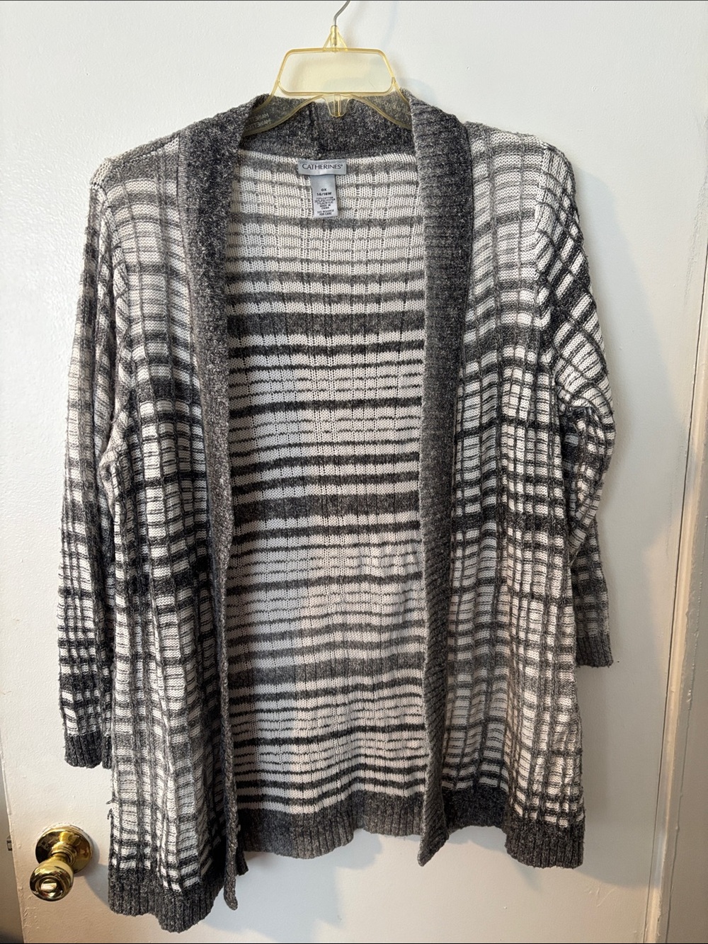 Catherines Gray and White Open-Front Plaid Cardigan